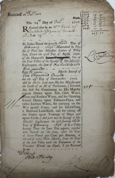Record Decr. 1702. The 24th Day of Decr, 1702 Received by me Wm Earle of Rochford Assignee of Edward Russell Esq. By Order dated the twenty third Day of February 1696 Maintained by Vertue of Their late Majesties Letters of Privy seal, Dated 20th Day of April, 1696. of the Honourable James Vernon Esq