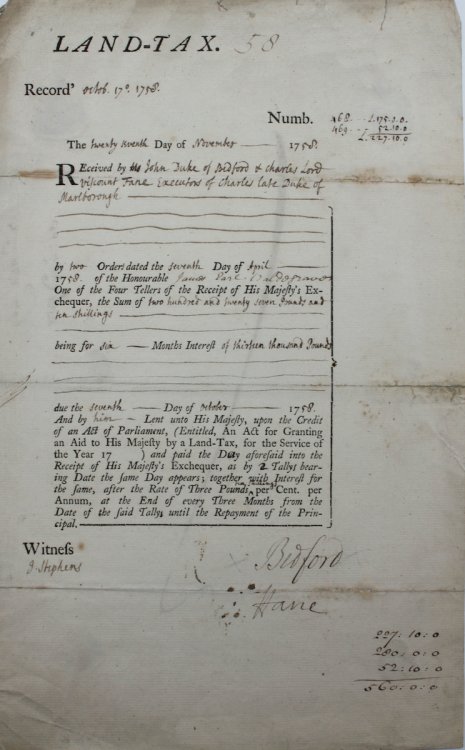 Received by John Duke of Bedford and Charles Lord Viscount Fane Executors of Charles late Duke of Marlborough by two Orders dated the seventh Day of April 1758 of the Honourable James Earl Waldegrave One of the Four Tellers of the Receipt of His Majesty’s Exchequer, the Sum of two hundred and 