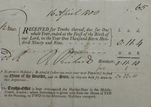 Received for Tenths thereof due for One whole Year, ended at the Feast of the Birth of our Lord in the Year One Thousand Seven Hundred Ninety and Nine.