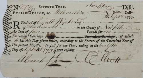 Swaffham District. Excise Office at Methwould in Lynn. Received of Cyril Wycke Esq. of Hockwould [Hockwold] in the County of Norfolk the sum of four Pounds for one Four-wheel Carriage.