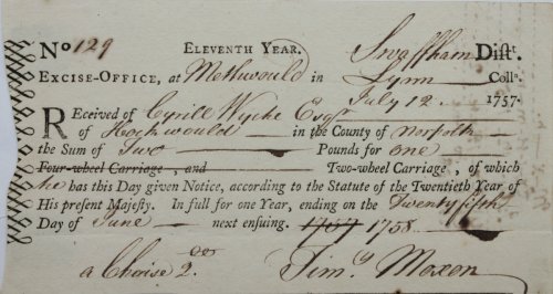 Swaffham District. Excise Office at Methwould in Lynn. Received of Cyril Wycke Esq. of Hockwould [Hockwold] in the County of Norfolk the sum of two Pounds for one Two-wheel Carriage.