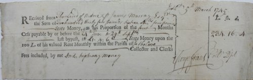 Received from the Laird of Niddrie & James Murray Esq. the Sum of Two hundred thirty four pounds sixteen shilling and four pennies Cess payable.four Months Cess.payable at £1.4.6d Scots Money upon the 100L. of his valued Rent Monthly within the Parish of Yetholme. Collector and Clerks Fees