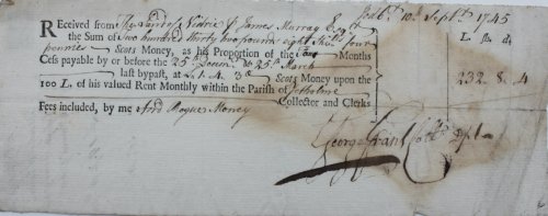 Received from the Laird of Niddrie and James Murray Esq. the Sum of Two hundred thirty two pounds eight shillings fourpence Scots Money, as his Proportion of four Months Cess.at £1.4s3d Scots Money upon the 100L. of his valued Rent Monthly within the Parish of Yetholme.