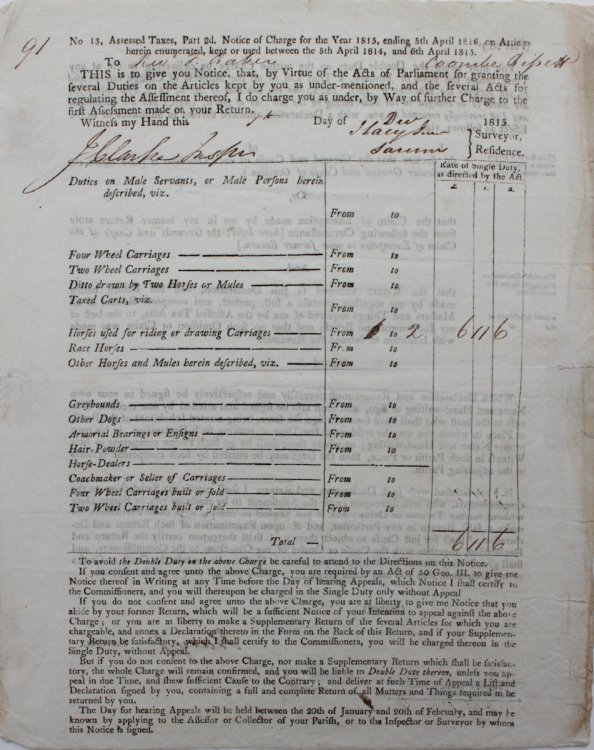 Assessed Taxes.Notice of Charge for the Year 1815, ending 5th April, 1816.To Revd. F. Baker, Coombe Bissett.