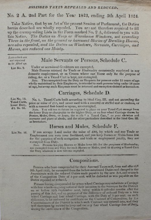 Assessed Taxes Repealed and Reduced. No. 2 A. 2nd Part for the Year 1823, ending 5th April 1824. Take Notice, that by an Act of the present Session of Parliament, the Duties herein described are wholly repealed. You are therefore not required to fill up the corresponding Lists in the For marked 2A. 