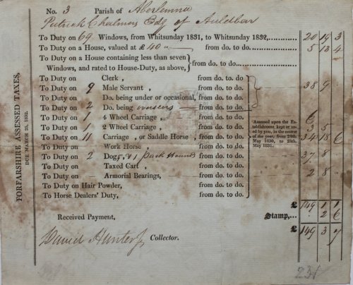 Forfarshire Assessed Taxes, Due March 25, 1832. No. 3 Parish of Aberlemno, Patrick Chalmers Esq of Auldbar. To Duty of 69 Windows.£20 19s 3d.