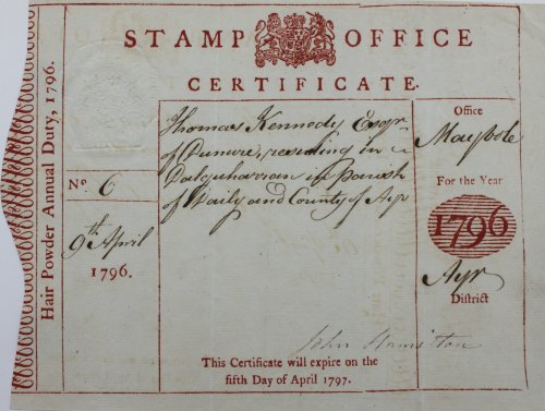 Stamp Office Certificate. Hair Powder Annual Duty, 1796. Thomas Kennedy Esq of Danure, residing in Dalqharron in the Parish of Daily [Dailly] and County of Ayr. For the Year 1796.