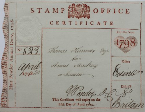 Stamp Office Certificate. Hair Powder Annual Duty, 1798. Thomas Kennedy Esq for James Mackey or Successor. For the Year 1798.