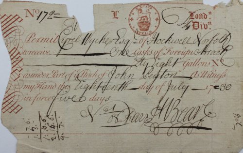 Permit Cyril Wyche Esq of Hockwell, Norfolk to receive One cask of Foreign Arack Qty Eight Gallons No. as under, Part of ye Stock of John Peyton.