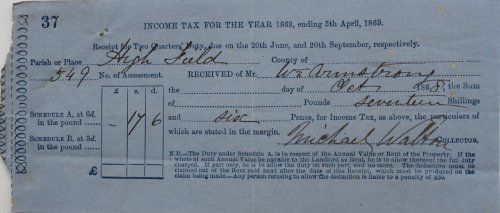 Receipt for Two Quarters’ Duty.Parish or PLace High Field.Received of Wm Armstrong.the Sum of Seventeen Shilling and Six Pence for Income Tax.