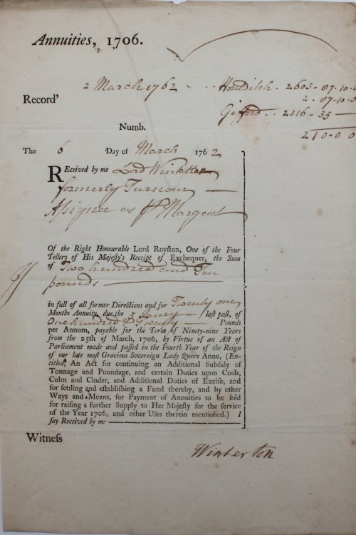 Annuities 1706. Received by Lord Winterton.the sum of Two Hundred and Ten Pounds.for twenty one months annuity.payable for the term of Ninety-nine Years from 25th March, 1706, by Virtue of an Act of Parliament.for Continuing an Additional Subsidy of Tonnage and Poundage, and certain Duties upon Coal