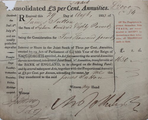 Consolidated £3 per Cent Annuties. Received.of James Sutton the Sum of Sixteen Hundred Eighty Pounds being the Consideration for Two Thousand Pounds Interest or Share in the Joint Stock.An Act for converting several Annuities.into several Joint Stock of Annuities, transferable at the Bank of E