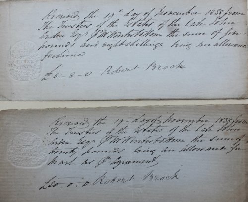 Received the 19th Day of November 1838 from The Trustees of the Estates of the Late John Orden [] Esq. & Mrs Winterbottom the Sum of twenty pounds being an allowance for March as per agreement. [with another for five pounds and eight shillings for March]