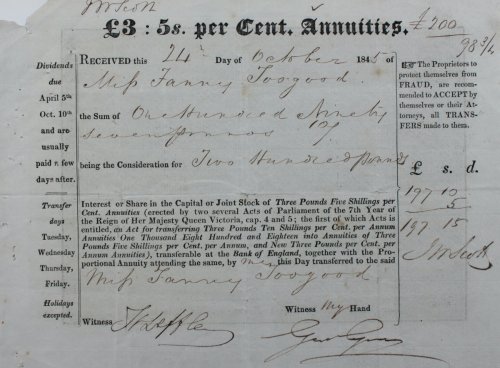 £3: 5s. per Cent Annuities. Received.of Miss Fanny Toogood the Sum of One Hundred Ninety Seven pounds 10s being the Consideration for Two Hundred Pounds Interest or Share in the Capital or Joint Stock.