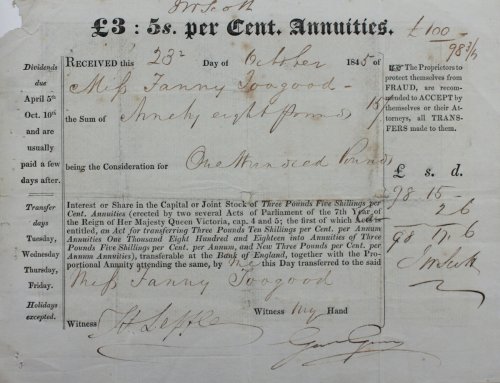 £3: 5s. per Cent Annuities. Received.of Miss Fanny Toogood the Sum of Ninety Eight pounds 15s being the Consideration for One Hundred Pounds Interest or Share in the Capital or Joint Stock.