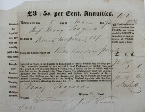 £3: 5s. per Cent Annuities. Received.of Miss Fanny Toogood the Sum of Ninety two pounds 15s being the Consideration for One Hundred Pounds Interest or Share in the Capital or Joint Stock.