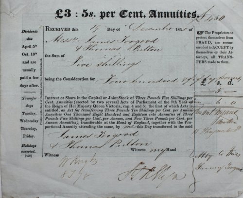 £3: 5s. per Cent Annuities. Received.of Messrs James Toogood & Thomas Pulton the Sum of five shillings being the Consideration for Four hundred & fifty Pounds Interest or Share in the Capital or Joint Stock.