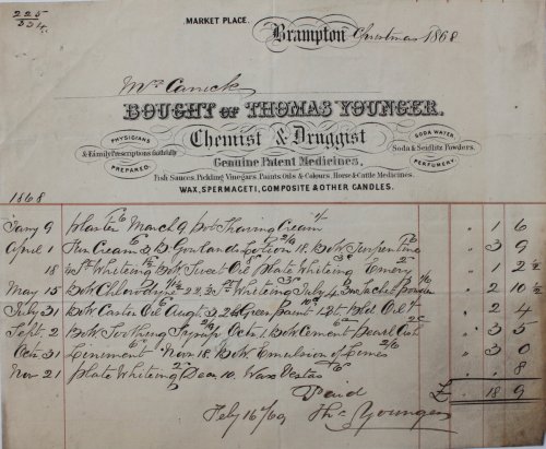 Thomas Younger, Chemist & Druggist, Genuine Patent Medicines, Fish Sauces, Pickling Vinegars, Paints, Oils & Colours. Horse & Cattle Medicines.