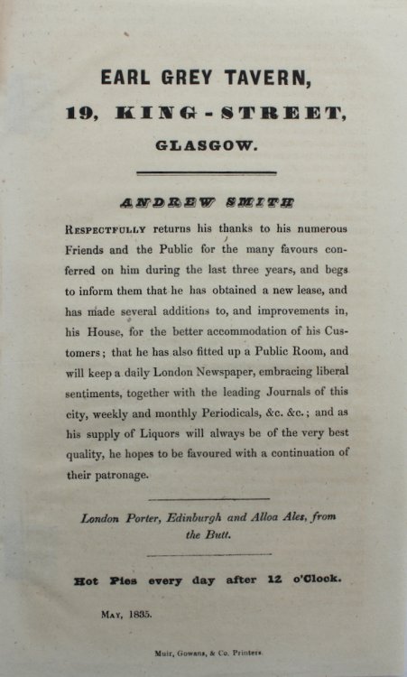 Earl Grey Tavern. 19, King-Street, Glasgow. Andrew Smith.
