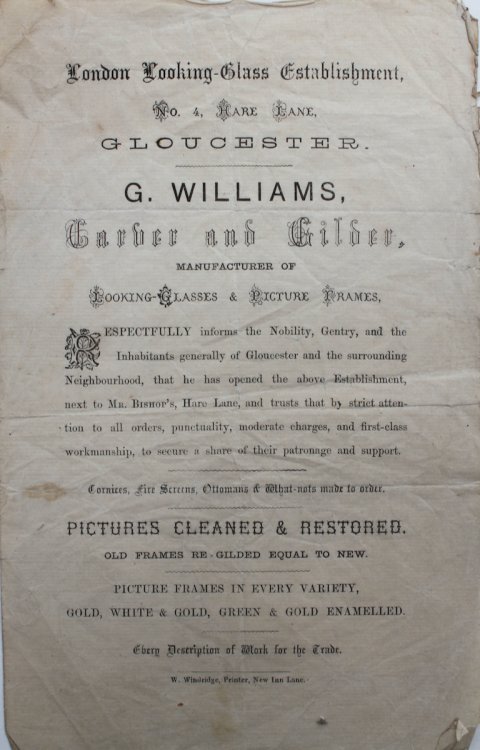 London Looking-Glass Establishment. Carver and Gilder, Manufacturer of Looking-Glasses & Picture Frames.