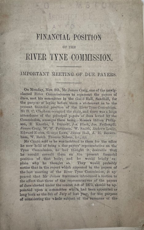 Financial Position of the River Tyne Commission. Important Meeting of Due payers.