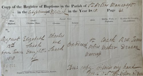 Baptism Certificate for Elizabeth Sarah Woodcock.
