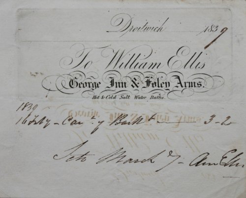 William Ellis, George Inn & Folen Arms.Receipt on printed letterhead for fly to Worcester and back.