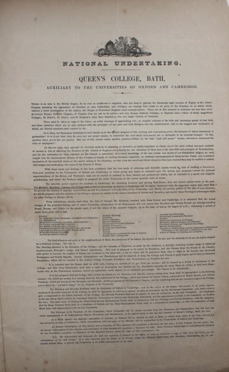 [Prospectus for a] National Undertaking. Queen’s College, Bath, Auxiliary to the Universities of Oxford and Cambridge.