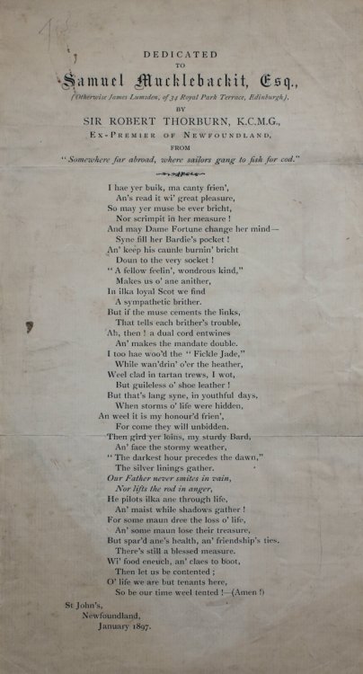 Dedicated to Samuel Mucklebackit, Esq., (Otherwise James Lumsden, of 34 Royal Park Terrace, Edinburgh). From “somewhere far abroad, where sailors gang to fish for cod.”