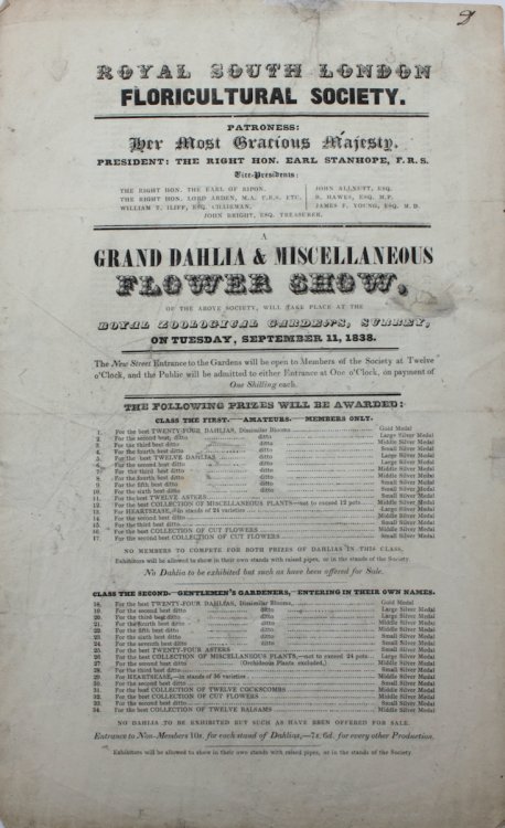 Grand Dahlia & Miscellaneous Flower Show. will take place at the Royal Zoological Gardens, Surrey, on Tuesday, September 11, 1838.