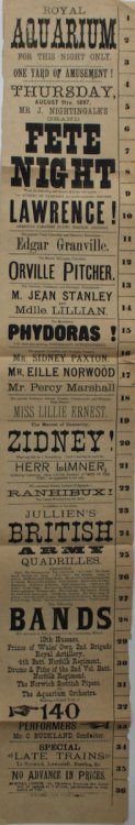 One Yard of Amusement. Mr. J.Nightingale’s Grand Fete Night. Sisters Lawrence, the Marvellous Phydoras, 140 performers.