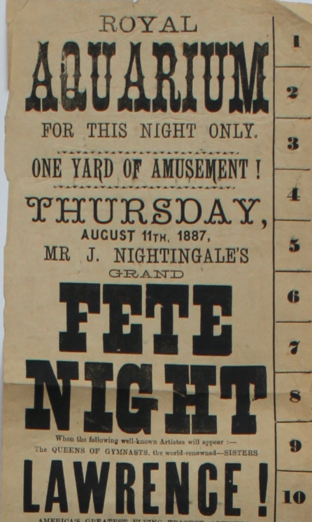 One Yard of Amusement. Mr. J.Nightingale’s Grand Fete Night. Sisters Lawrence, the Marvellous Phydoras, 140 performers.