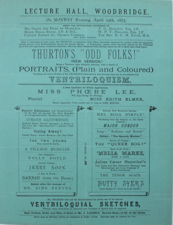 Lecture Hall, Woodbridge. On Monday Evening April 19th, 1875.