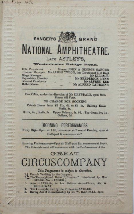 Sanger’s Grand National Amphitheatre. Late Astley’s, Westminster Bridge Road. [Programme]