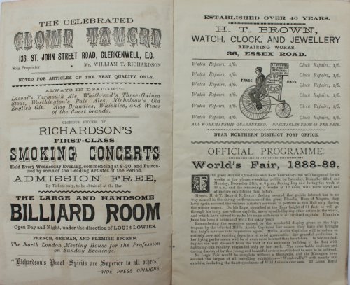 The World’s Fair. Official Catalogue and Programme [held at] Royal Agricultural Hall. Season 1888-89.