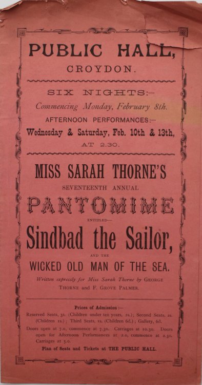Miss Sarah Thorne’s Seventeenth Annual Pantomime Entitled Sindbad the Sailor, and the Old Man of the Sea. Written expressly for Miss Sarah Thorne by George Thorne and F. Grove Palmer.