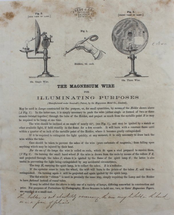 The Magnesium Wire for Illuminating Purposes. (Manufactured under Sonstadt’s patent by the Magnesium Metal Co., Ltd)