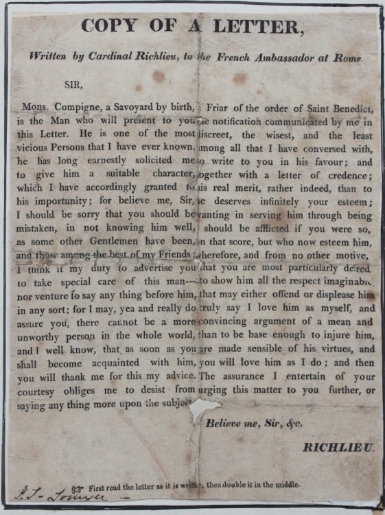 Copy of a Letter Written by Cardinal Richlieu [sic], to the French Ambassador at Rome.