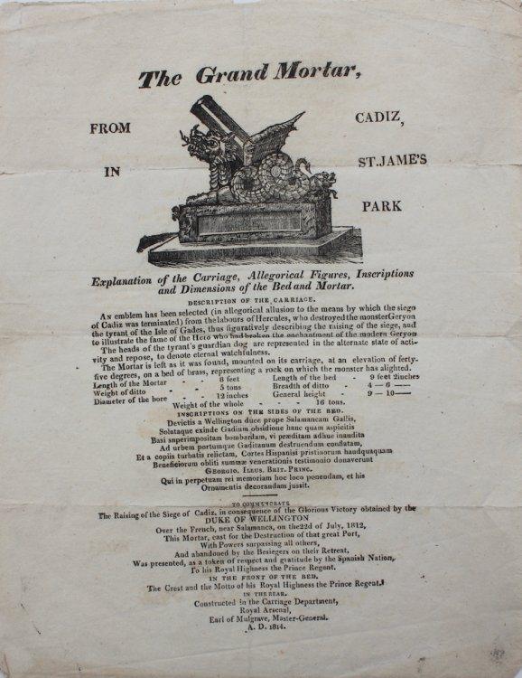 From Cadiz, in St. Jame’s [sic] Park. Explanation of the Carriage, Allegorical Figures, Inscriptions and Dimensions of the Bed and Mortar.