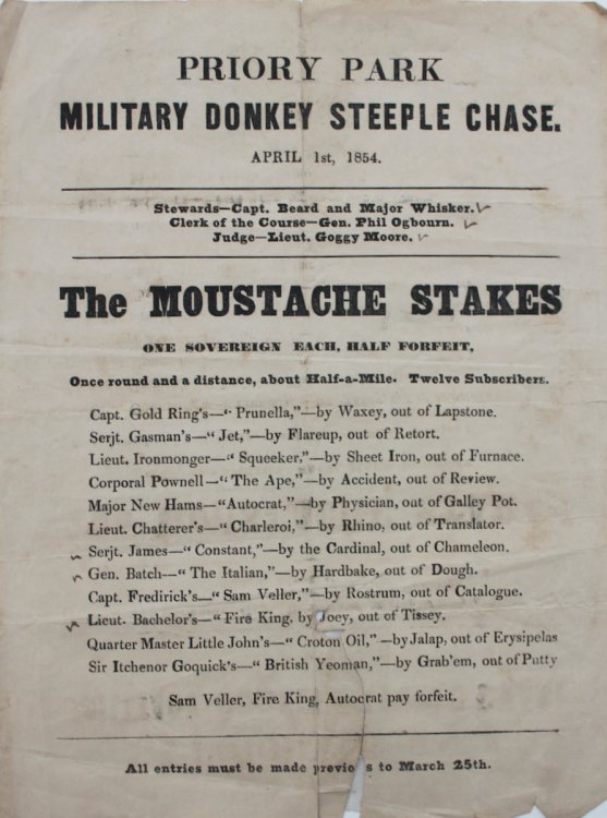 Priory Park. Military Donkey Steeple Chase. April 1st, 1854. The Moustache Stakes.