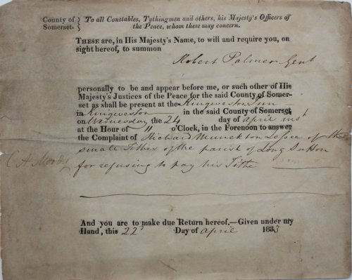 To all Constables, Tythingmen, and others, his Majesty&rsquo;s Peace Officers of the Peace, whom these may concern. These are, in His Majesty&rsquo;s Name, to will and require you, on sight hereof, to summon Robert Palmer Gent personally to be and appear before me.to answer the complaint of Richard 