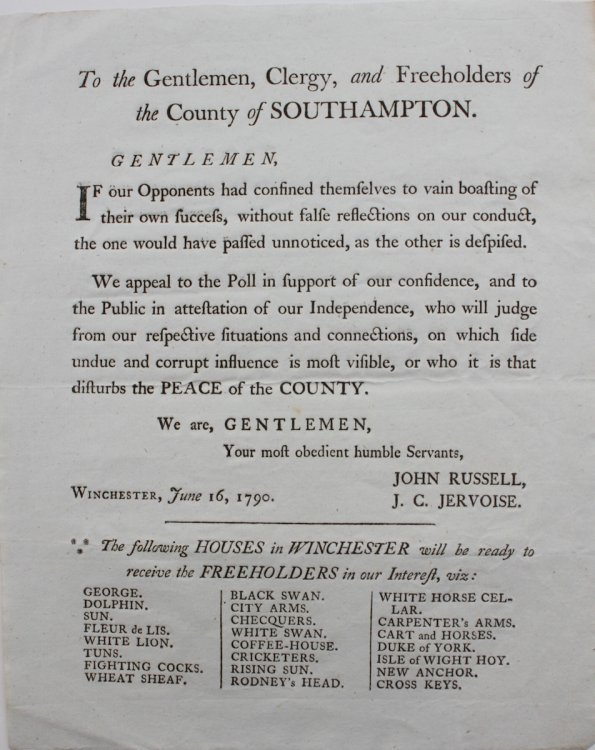 To The Gentlemen, Clergy, and Freeholders of the County of Southampton. John Russell and J.C. Jervoise.