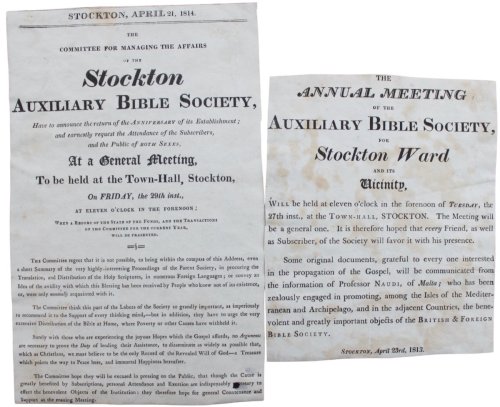 The Stockton Auxiliary Bible Society. [Notice] The Annual General Meeting. April 23rd, 1813. [and] General Meeting to be held.29th inst. [April, 1814].