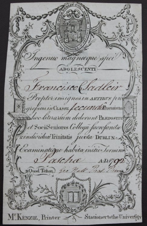 [Prize Label] Ingenua magnaeque spei adolescenti Fransisco Sadlier.