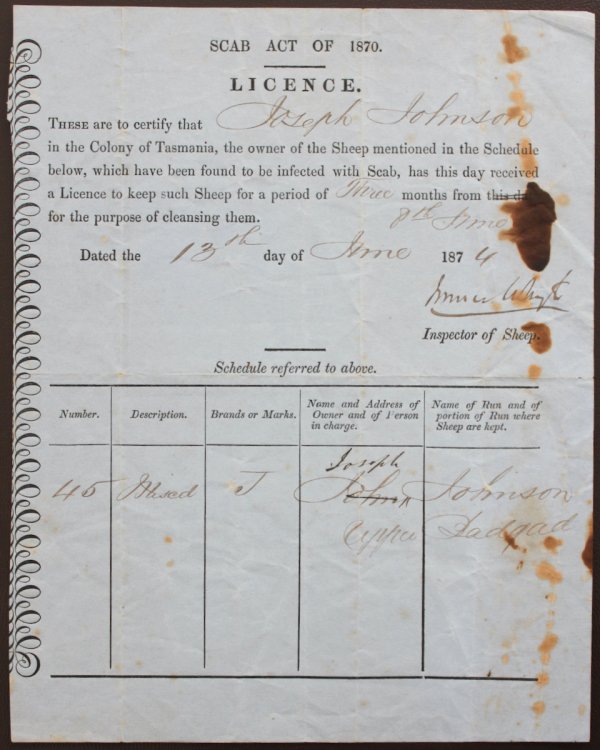 Scab Act of 1870. Licence. These are to certify that Joseph Johnson in the Colony of Tasmania, the owner of the Sheep mentioned in the Schedule below.