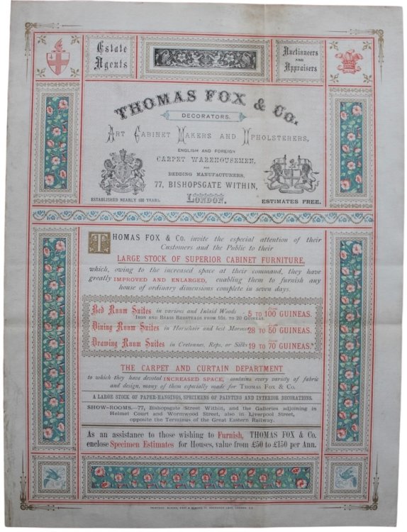 Decorators, Art Cabinet Makers and Upholsterers, English and Foreign Carpet Warehousemen, and Bedding Manufacturers.