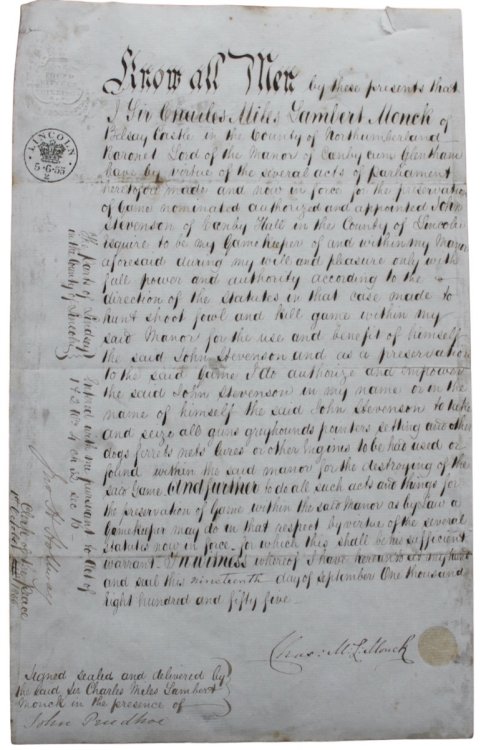 Contract of Appointment for Gamekeeper to the Manor Of Caenby in Lincolnshire.