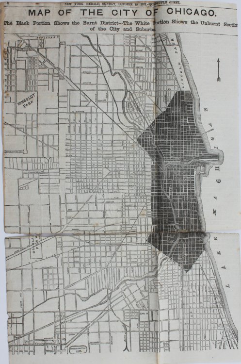 Map of the City of Chicago. The Black Portion shows the Burnt District.