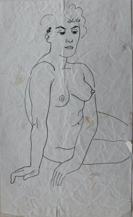 Seated Nude. Original pen and ink drawing.