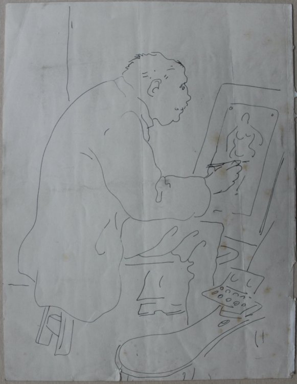 Artist at His Easel. Original pen and ink drawing.